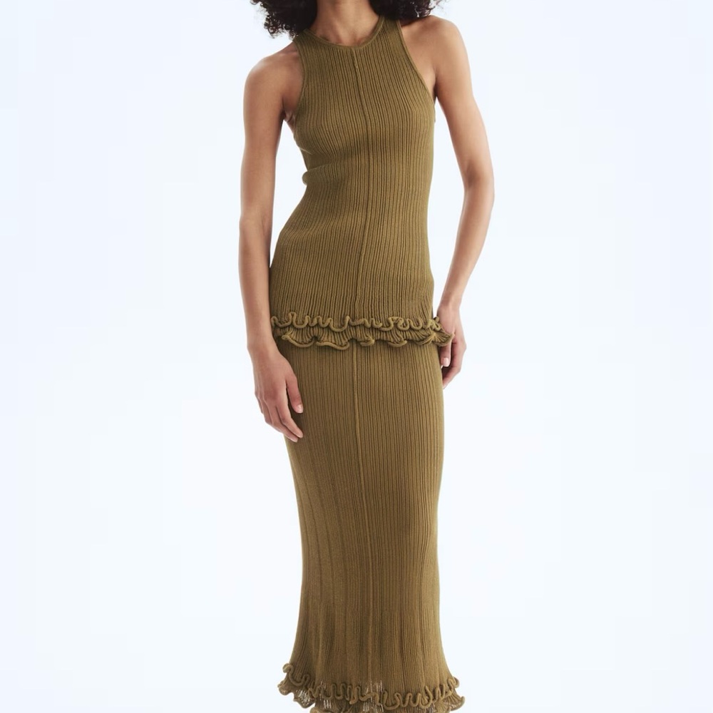 H&M RIB-KNIT SKIRT KHAKI GREEN